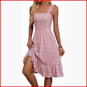 Women's Midi Dress Elastic Straps Square Neck A-Line Sundress Flowy